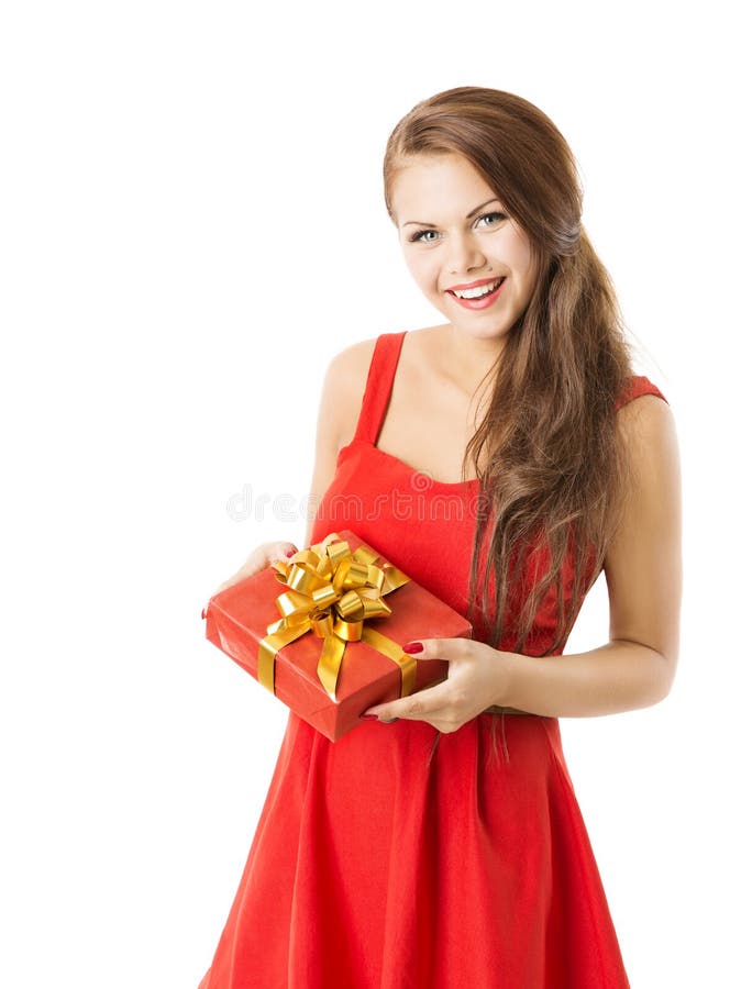 Woman Present Gift Box, Girl In Red Dress Celebrate Birthday or New Year Holiday, Isolated Over White Background. Woman Present Gift Box, Girl In Red Dress Celebrate Birthday or New Year Holiday, Isolated Over White Background