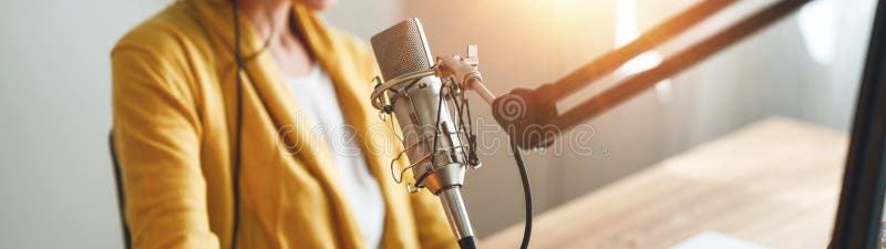 Kobieta radio nagrywa swój podcast ze studia fotografia royalty free