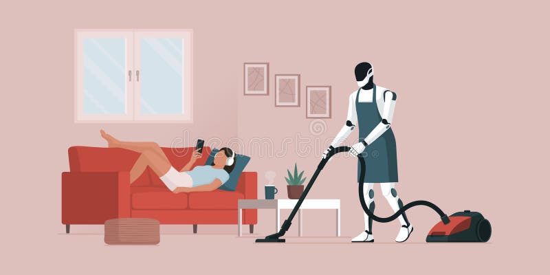Kobieta relaksująca się na kanapie i humanoidalny robot czyszczący podłogę ilustracji