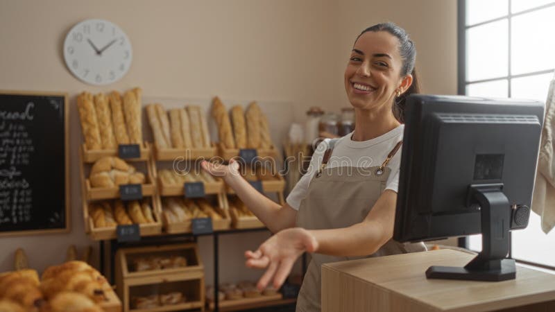 Kobieta stojąca w piekarni uśmiechająca się za ladą pokazująca chleb w sposób przyjazny zdjęcia stock