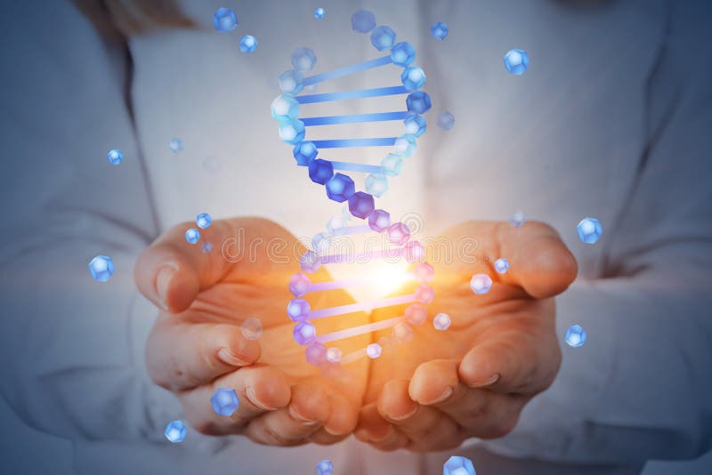 Kobieta trzyma dna helix hologram obrazy stock Kobieta trzyma dna helix hologram obrazy stock