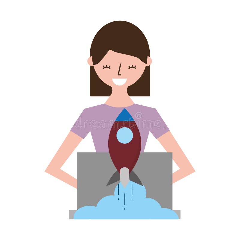 Kobieta używa laptop rakietę ilustracja wektor