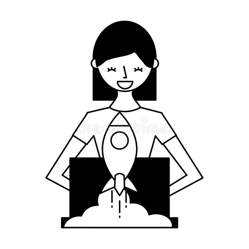 Kobieta używa laptop rakietę ilustracja wektor