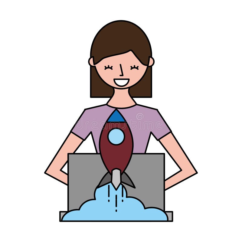 Kobieta używa laptop rakietę ilustracja wektor