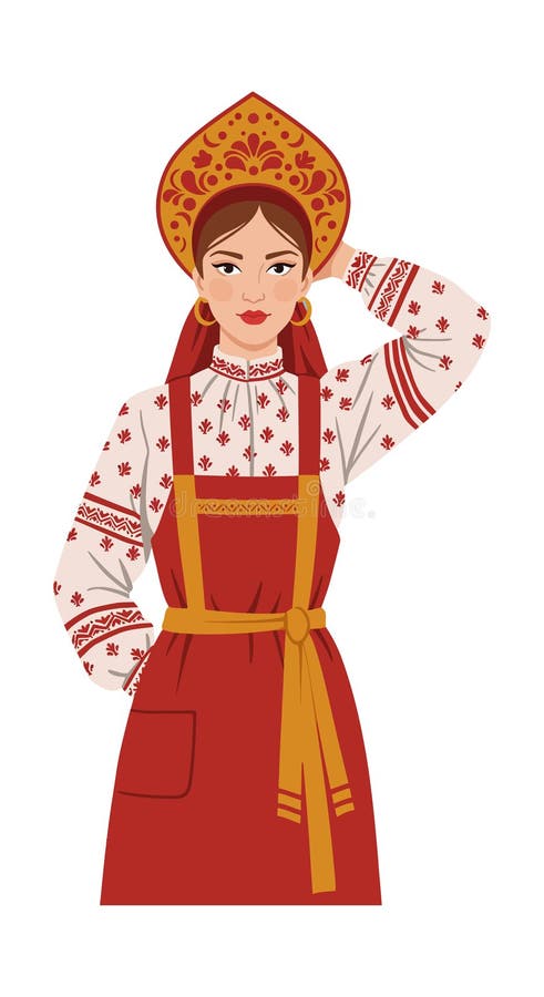 Kobieta w tradycyjnym kostiumie ludowym Europy Wschodniej z Red Apron i Headscarf Vector ilustracja wektor