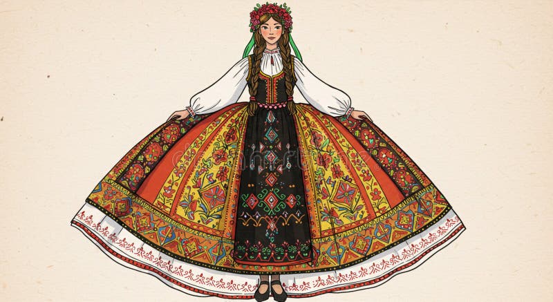 Kobieta w tradycyjnym stroju Europy Wschodniej ma wyciągnięte ramiona ilustracji