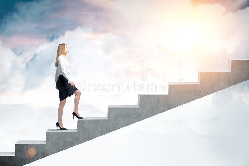 Side view of a blond woman in a black skirt and a white blouse and climbing stairs to the sky. Concept of a road to success in business. Side view of a blond woman in a black skirt and a white blouse and climbing stairs to the sky. Concept of a road to success in business.