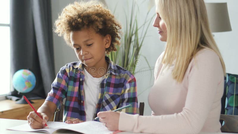 Kobieta z jej mądrym synem przygotowywa pracę domową dla szkoły