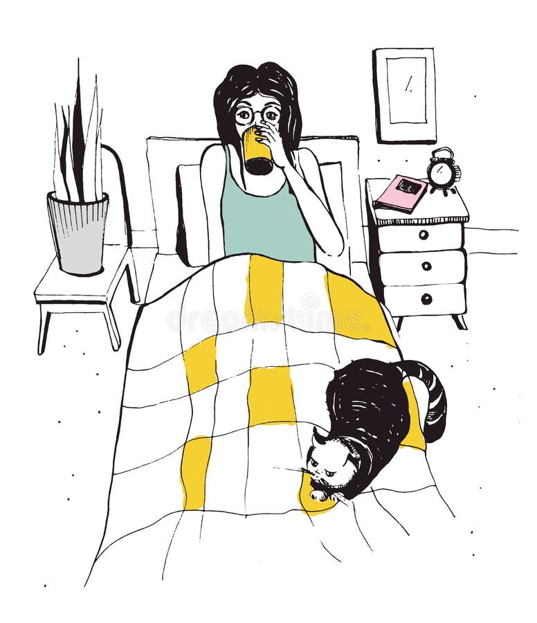 Kobieta z kotem na łóżku Wektorowa ręka rysująca ilustracja ilustracja wektor Kobieta z kotem na łóżku Wektorowa ręka rysująca ilustracja ilustracja wektor