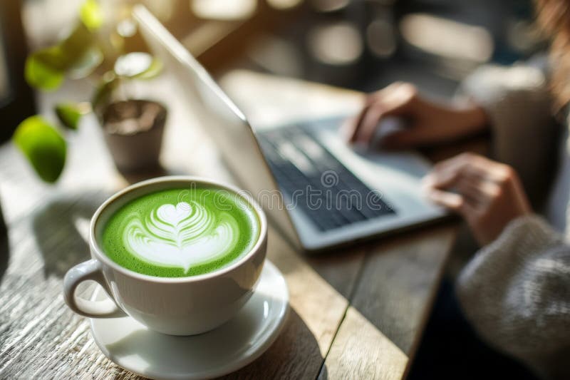Kobieta z laptopem i zielonym matcha latte na stole w kawiarni ilustracja wektor
