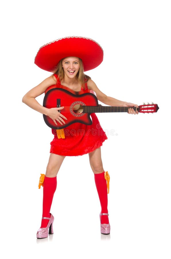 Kobieta z sombrero bawić się gitarę na bielu zdjęcia stock Kobieta z sombrero bawić się gitarę na bielu zdjęcia stock
