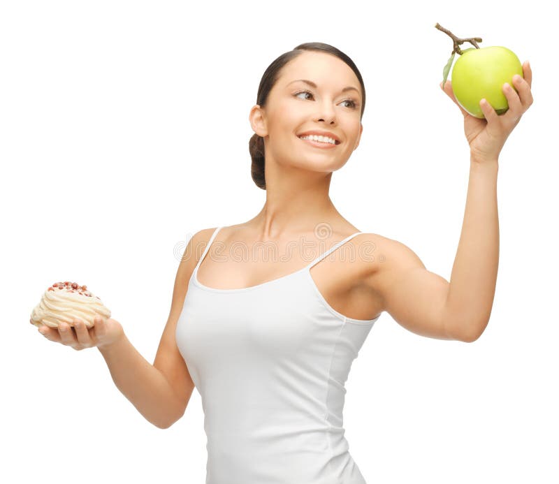 Picture of beautiful woman with cake and apple. Picture of beautiful woman with cake and apple