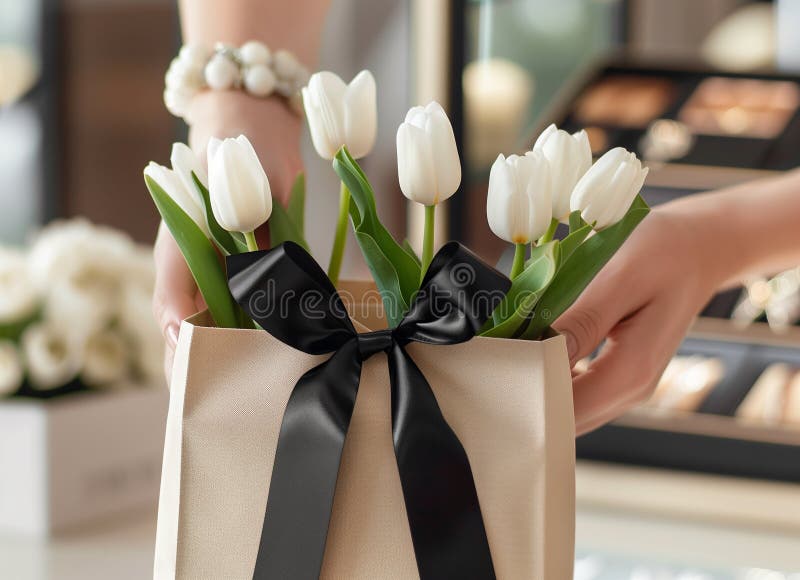 Kobieta z wdziękiem otworzyła luksusowe pudełko prezentów w stylowym butiku z tulipami obrazy royalty free