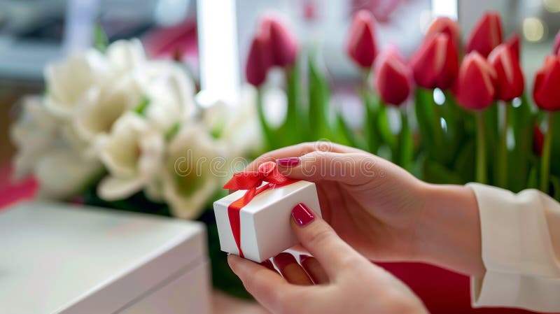 Kobieta z wdziękiem otworzyła luksusowe pudełko prezentów w stylowym butiku z tulipami obraz royalty free