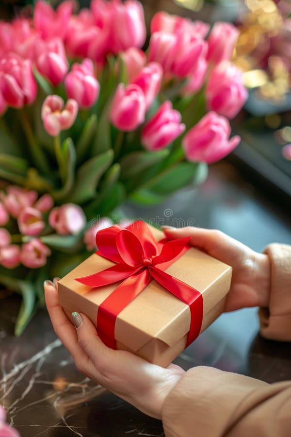 Kobieta z wdziękiem otworzyła luksusowe pudełko z tulipanami w tle fotografia stock