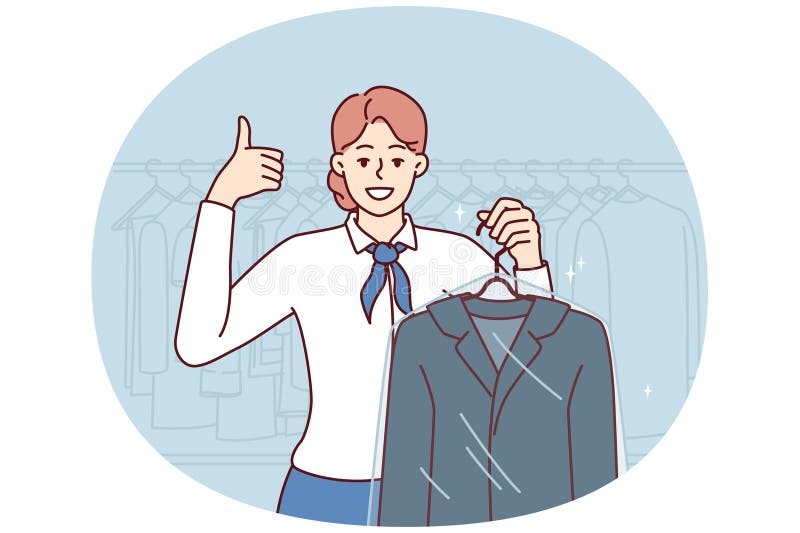Kobieta zatrudniona przy sprzątaniu salonu pokazuje kurtkę w folii z tworzywa sztucznego i pokazuje kciuki w górę ilustracja wektor