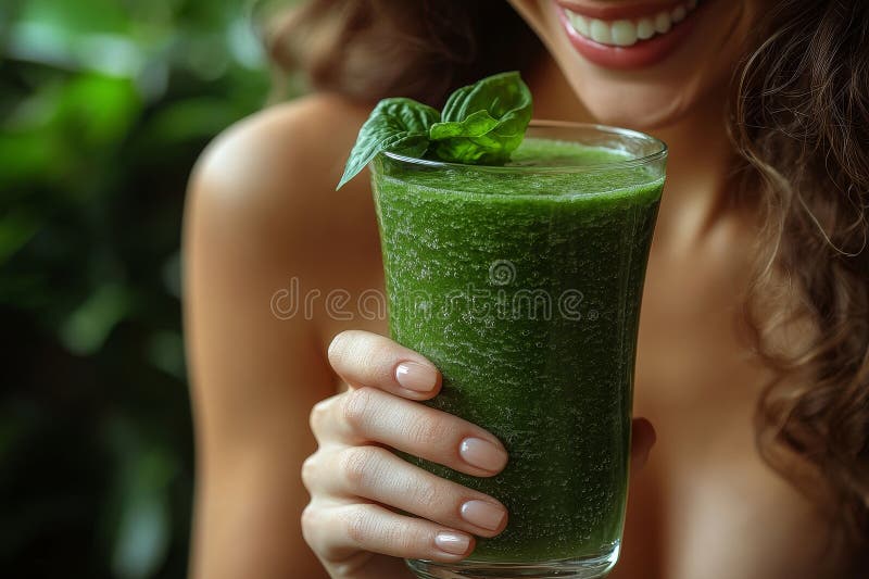 Kobieta łyka na smoothie łączącym żywienie zdrowotne i białko na detoksykacyjne śniadanie i dietę. Jej twarz obraz royalty free