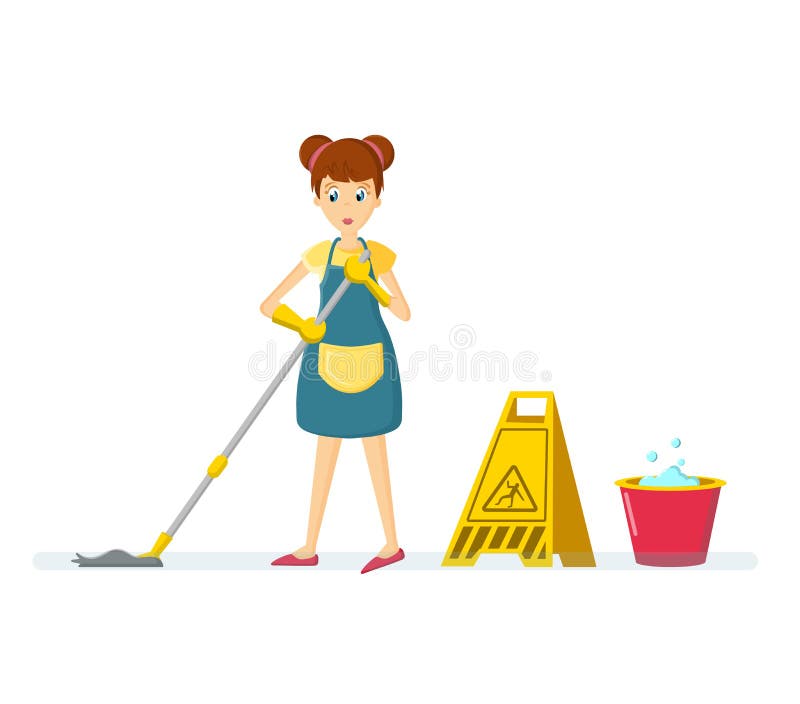 Kobiety gospodyni domowej charaktery Kobiety gospodyni domowa myje podłoga, w pokoju ilustracji Kobiety gospodyni domowej charaktery Kobiety gospodyni domowa myje podłoga, w pokoju ilustracji