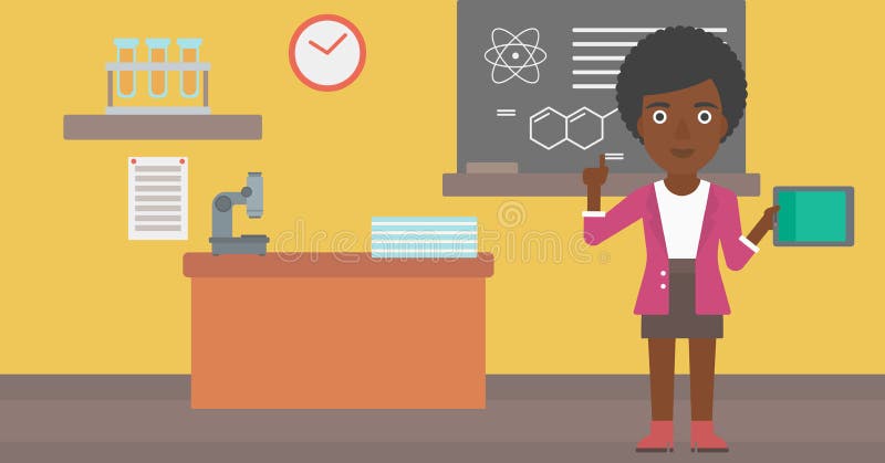 An african-american woman standing with a tablet computer and pointing her forefinger up on the background of chemistry class vector flat design illustration. Horizontal layout. An african-american woman standing with a tablet computer and pointing her forefinger up on the background of chemistry class vector flat design illustration. Horizontal layout.