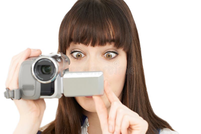 Woman Records On Portable Video Camera. Woman Records On Portable Video Camera