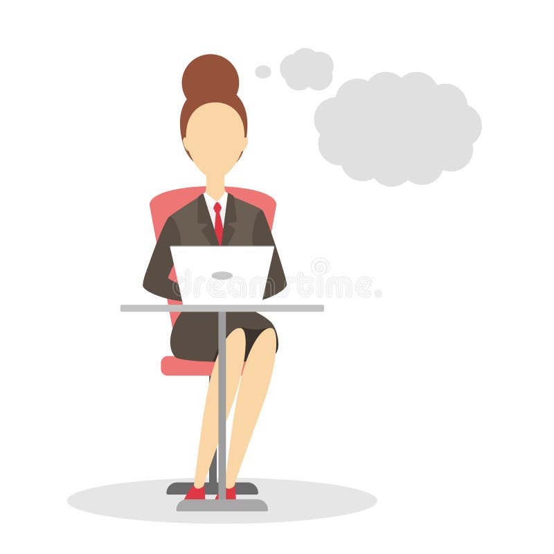 Woman sitting at the desk and working on the laptop computer. Worker talking using speech bubble. Empty space for message. Isolated flat vector illustration. Woman sitting at the desk and working on the laptop computer. Worker talking using speech bubble. Empty space for message. Isolated flat vector illustration