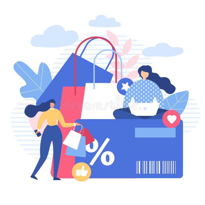 Kobiety Robi zakupy Online z Dyskontowym Używają gadżety ilustracja wektor Kobiety Robi zakupy Online z Dyskontowym Używają gadżety ilustracja wektor