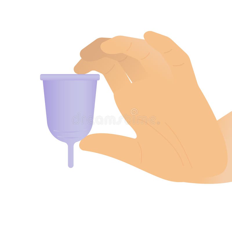 Kobiety ręka trzyma purpurową menstrual filiżankę - biały tło ilustracja wektor Kobiety ręka trzyma purpurową menstrual filiżankę - biały tło ilustracja wektor