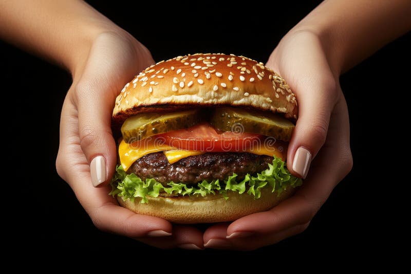 Kobiety trzymają smaczny hamburger z warstwami fotogenicznymi. Glosy brioche bun lekko toastowany nasion sezamu royalty ilustracja