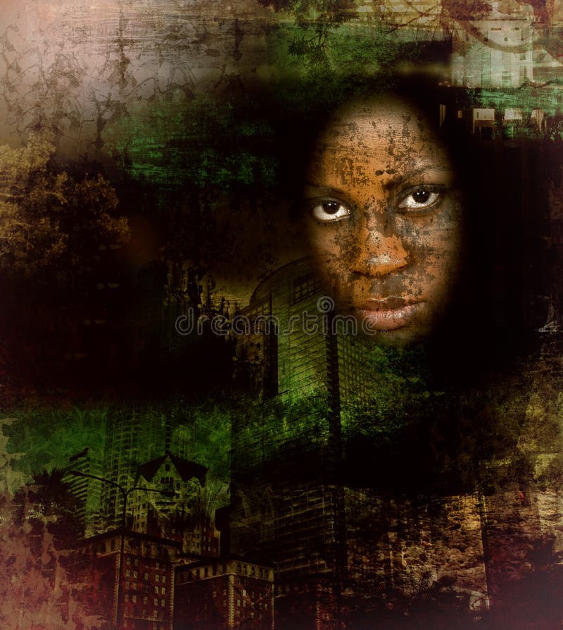 Abstract of African American woman`s face within the inner city buildings of a major United States city. Abstract of African American woman`s face within the inner city buildings of a major United States city.