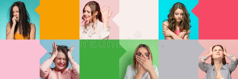 Kobiety wyrażające różne emocje od smutku do frustracji na tle wielokolorowym z pustą przestrzenią do zdjęcia royalty free