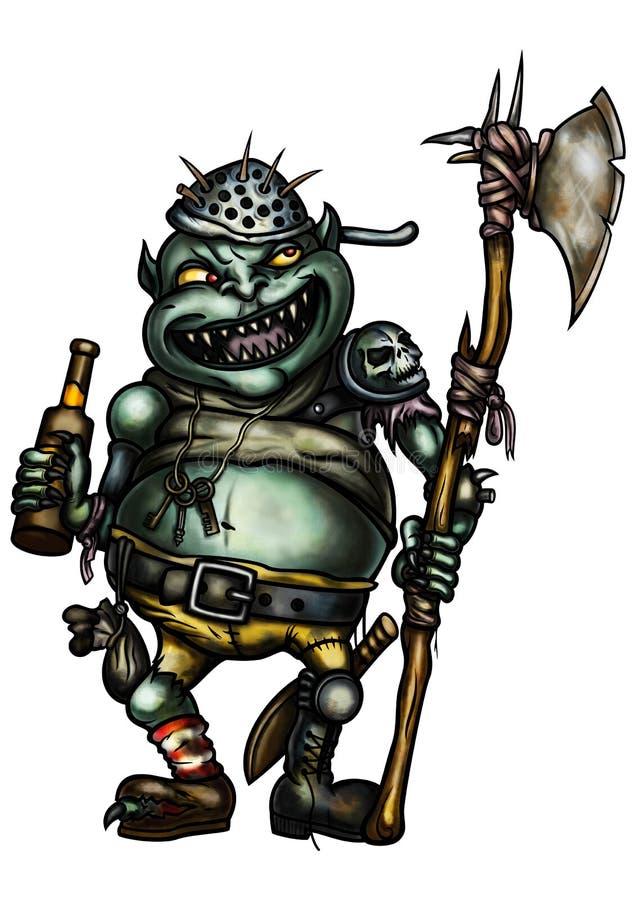 Illustration a scary goblin warder dressed in trash equipment, with an axe, holding a bottle of beer. Illustration a scary goblin warder dressed in trash equipment, with an axe, holding a bottle of beer