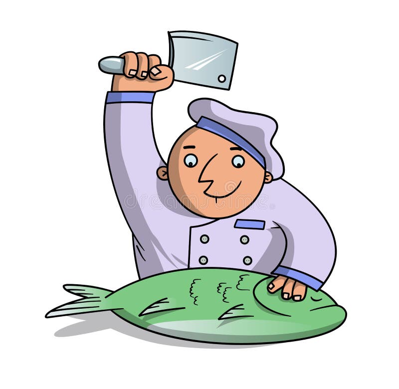 Cook in blue hat chops a fish by hatchet. Cook in blue hat chops a fish by hatchet