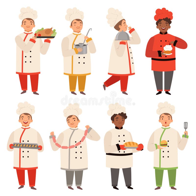 Kochcharaktere Chef an der Küche Karikaturmaskottchen des verschiedenen geschmackvollen Lebensmittels in den verschiedenen Haltun stock abbildung Kochcharaktere Chef an der Küche Karikaturmaskottchen des verschiedenen geschmackvollen Lebensmittels in den verschiedenen Haltun stock abbildung