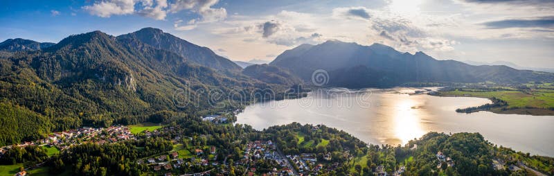 Kochelsee lake beautiful alps panorama in bavaria. Scenic Drone shot