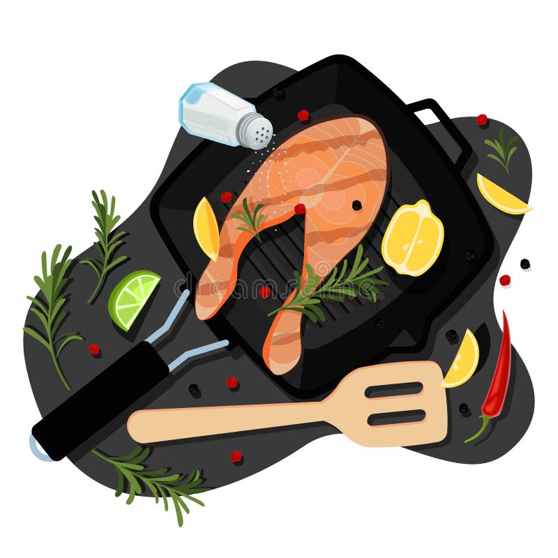 Kochen des Lachssteaks, Draufsichtillustration der Karikatur des Vektors flache Grillwanne mit gebratenem Seefisch, Gewürze, Best lizenzfreie abbildung Kochen des Lachssteaks, Draufsichtillustration der Karikatur des Vektors flache Grillwanne mit gebratenem Seefisch, Gewürze, Best lizenzfreie abbildung
