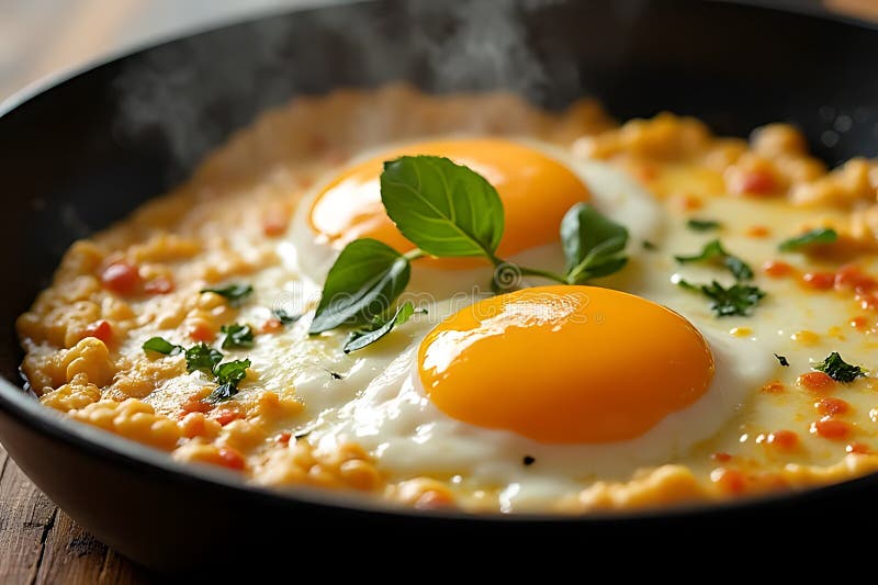 Kochen köstliche Eier in einer Bratpfanne Küche Fotografie gemütliche Atmosphäre schließen vektor abbildung