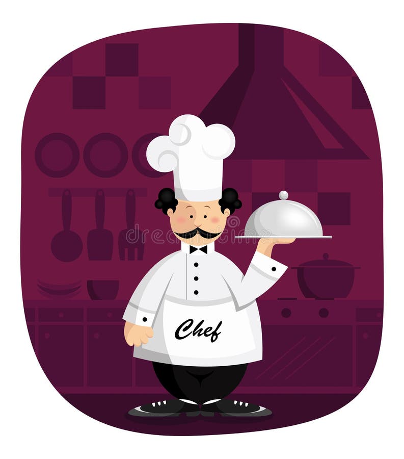 Cartoon chef holding a tray in his hand in the kitchen. Cartoon chef holding a tray in his hand in the kitchen