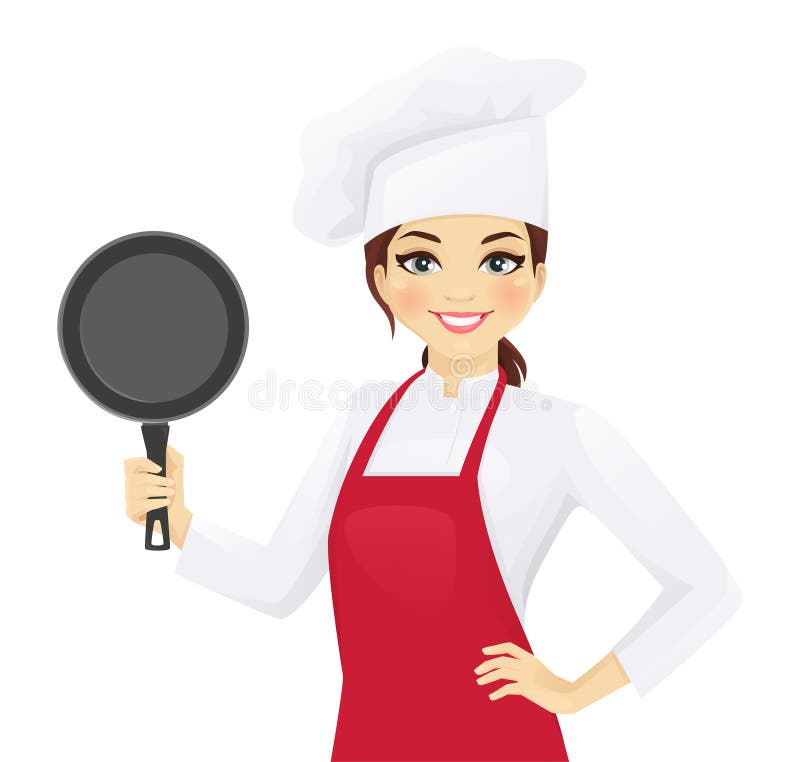 Confident chef woman holding pan with empty space vector illustration. Confident chef woman holding pan with empty space vector illustration