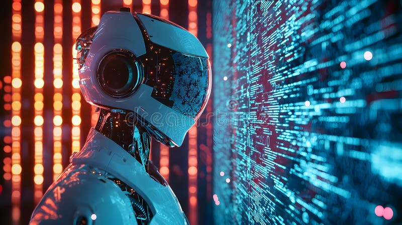 Kod analizy robota AI. Obraz przedstawia robota futurystycznego generowanego przez sztuczną inteligencję badającego linie kodu na ekranie cyfrowym. Scena jest ustawiona na tle ciepłych i chłodnych świateł tworząc wizualnie uderzający kontrast. Konstrukcja robotów jest elegancka i szczegółowa wskazówką dla zaawansowanych technologii.