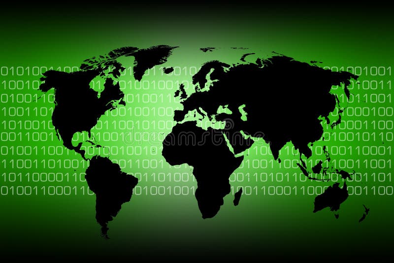 Green and black map of the world over binary code. Green and black map of the world over binary code