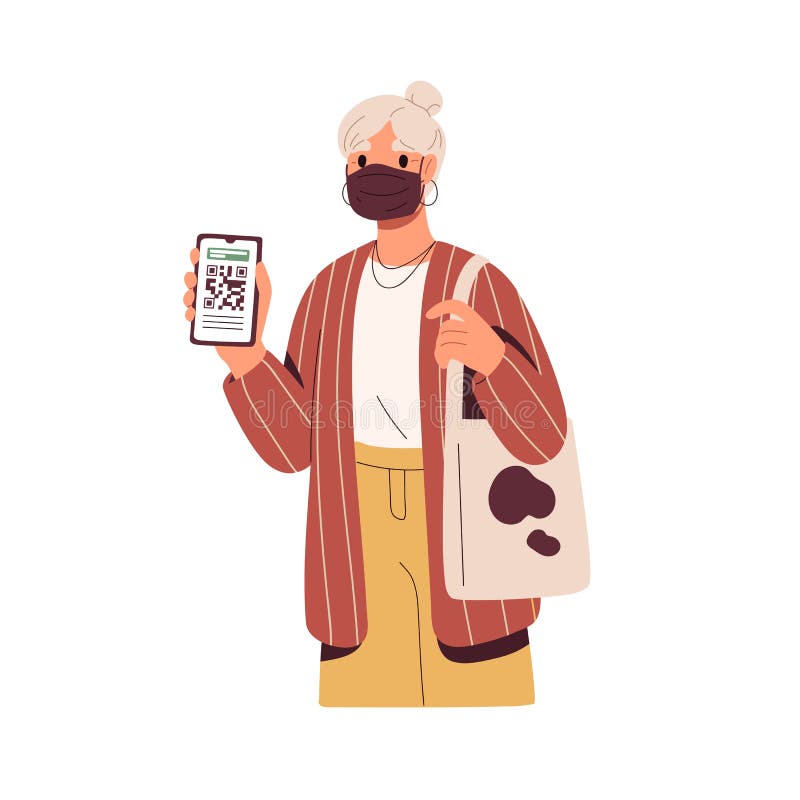 Kodat-digitalt certifikat för vaccin i den äldre kvinnans telefonapp. Högre dam som visar smartphone med giltig giltig royaltyfri illustrationer