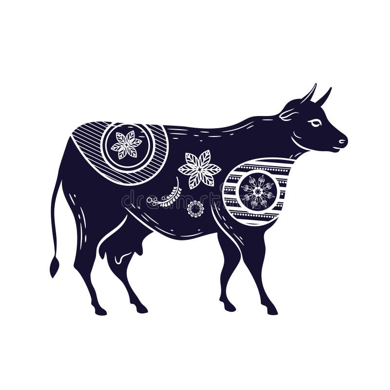 Koe met een bloempatroon Vector beeld Gehoornd vee stock illustratie Koe met een bloempatroon Vector beeld Gehoornd vee stock illustratie