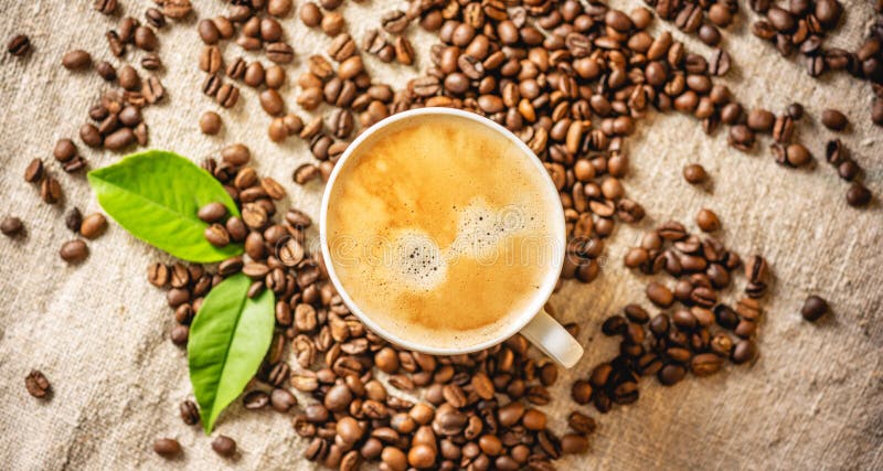 Koffiebeker met schuim op de verspreide korrels op de schoot Fraude-invrieerende drank uit vers geroosterde bonen stock afbeelding Koffiebeker met schuim op de verspreide korrels op de schoot Fraude-invrieerende drank uit vers geroosterde bonen stock afbeelding