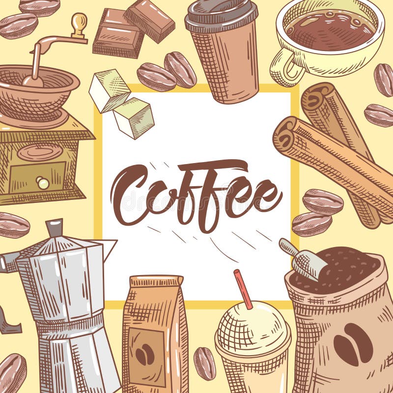 Koffiehand Getrokken Achtergrond met Koffiekop, Kaneel en Chocolade Voedsel en drank vector illustratie Koffiehand Getrokken Achtergrond met Koffiekop, Kaneel en Chocolade Voedsel en drank vector illustratie