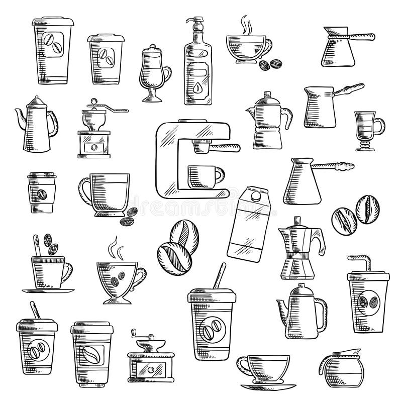Koffiekoppen, bonen, molen en potten vector illustratie Koffiekoppen, bonen, molen en potten vector illustratie