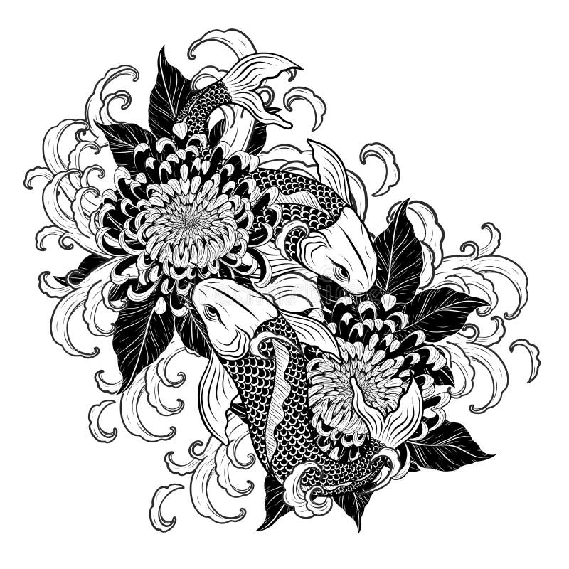 Koi Fish With Chrysanthemum Vector Tattoo By Hand Drawing Stock Vector ...