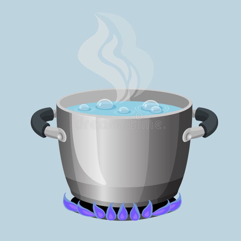 Boiling water in aluminium pot on gas flame realistic vector illustration. Stream from open kitchenware utensils from boiled soup on stove. Boiling water in aluminium pot on gas flame realistic vector illustration. Stream from open kitchenware utensils from boiled soup on stove