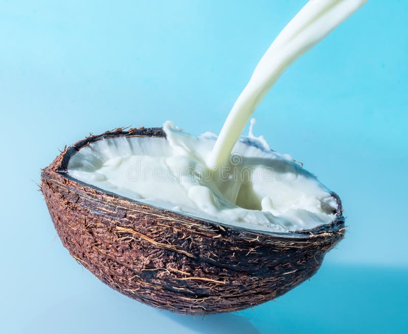 Kokosnuss Mit Milchspritzen Auf Dem Blauen Hintergrund, Milch In Der ...