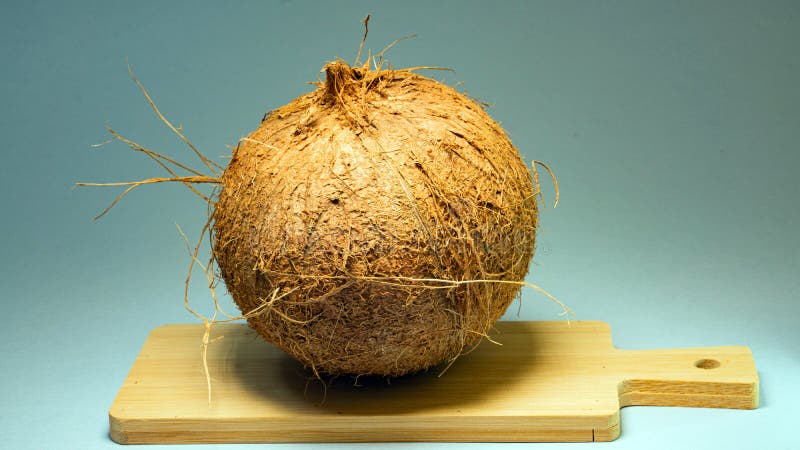 Kokosnöt exotisk frukt, frukt i skalet på ett träbräde, serie bakgrund, selektiv fokus, närbild royaltyfria foton Kokosnöt exotisk frukt, frukt i skalet på ett träbräde, serie bakgrund, selektiv fokus, närbild royaltyfria foton