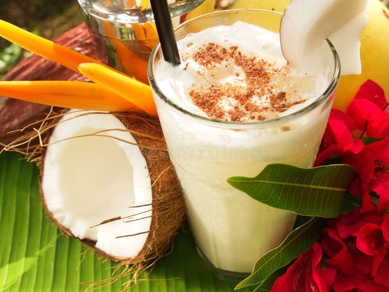 Kokosnötcoctail med tropiska frukter arkivbilder Kokosnötcoctail med tropiska frukter arkivbilder
